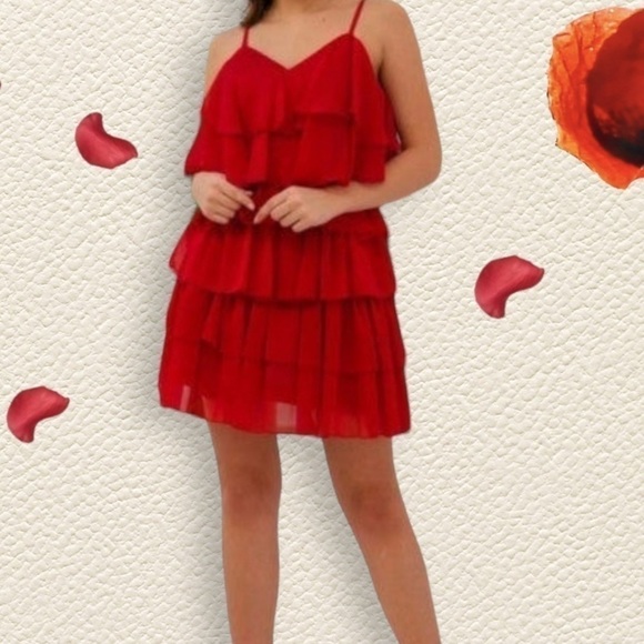 𝅺LOFT Ann Taylor multi tiered ruffled dress red Sz 10P - Picture 1 of 14